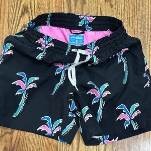 chubbies Black Swim Trunks with Pink & Teal Palm Motif